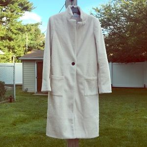 Stelen High Collar Cream Faux Fur Long Coat - L